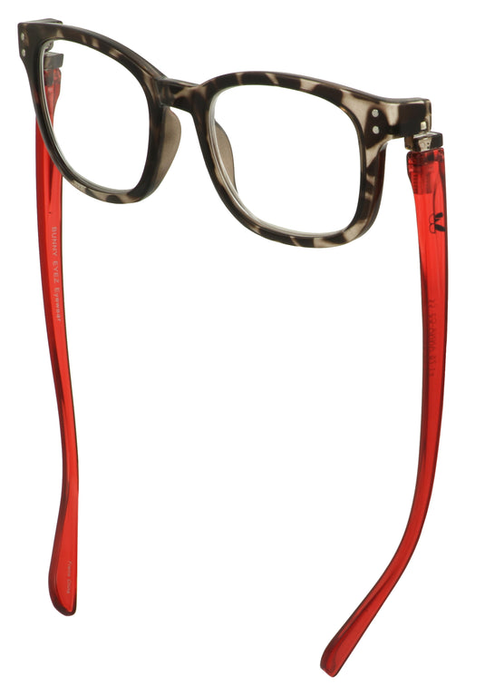 Bunny Eyez Anna Readers - Diamond Clear Tortoise With Ruby Red Temple -Down position